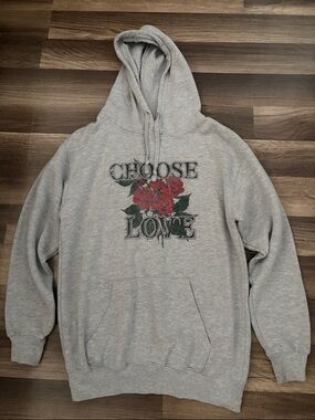Grey Hoodie with Red Rose 'CHOOSE LOVE' Graphic